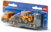 Toy low loader truck with front loader, yellow cab and gray flatbed, front view