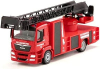 Red MAN fire truck model with extended black ladder, Siku 1:50 scale