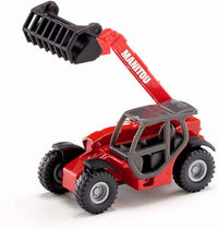 Red Siku Manitou telescopic handler toy with raised front attachment