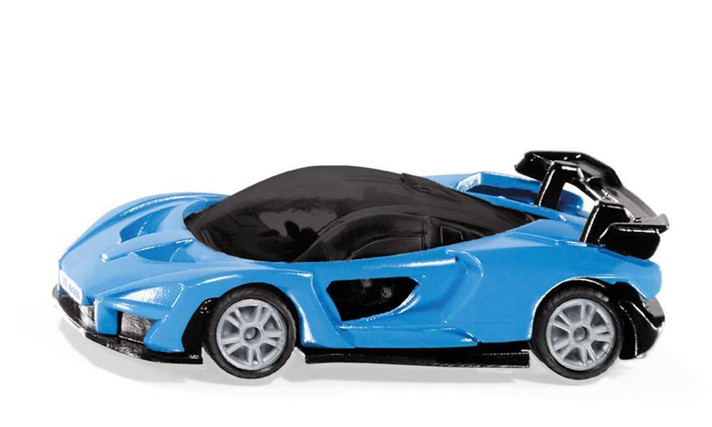 Blue and black die-cast sports car model with large rear wing, side view