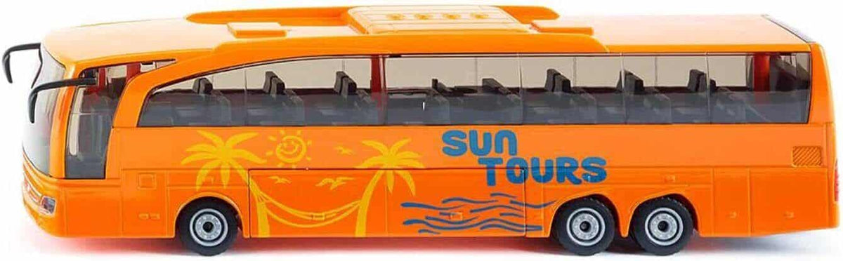 Siku 1:50 orange coach bus model with Sun Tours graphics and black windows.