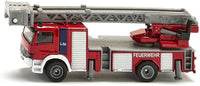 1:87 fire engine model with red cab, white striping, and extended ladder