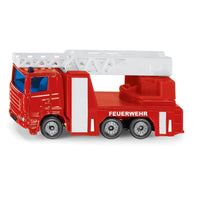 Red fire engine toy with white ladder and FEUERWEHR marking, blue cab windows