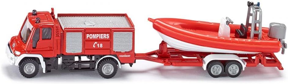 Fire engine model with attached red rescue boat on trailer, 1:87 scale.