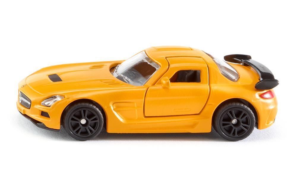 Yellow/orange sports car toy model, front-right three-quarter view