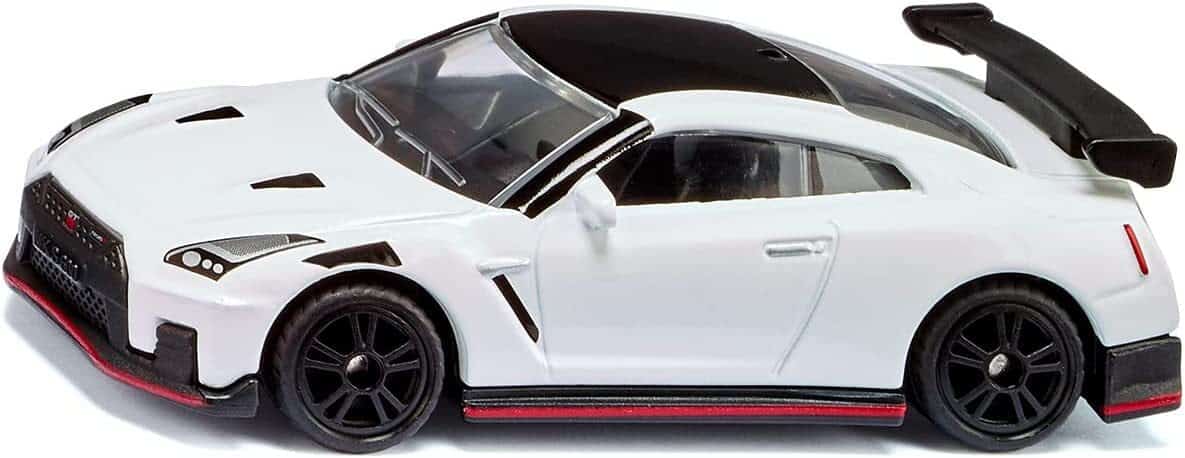 White die-cast sports car with black grille, red trim, and black wheels