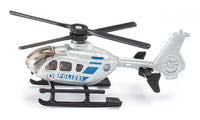 Siku police helicopter toy with spinning rotor and landing skids, white and blue