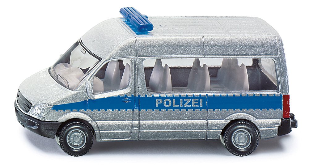 Police van toy, silver-gray body with blue stripe and roof light, side text 'POLIZEI'.