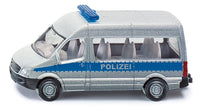 Police van toy, silver-gray body with blue stripe and roof light, side text 'POLIZEI'.
