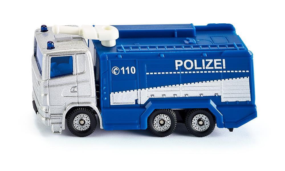 Police water cannon truck toy, blue and silver with POLIZEI markings and wheels