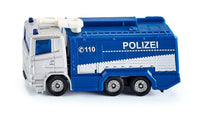 Police water cannon truck toy, blue and silver with POLIZEI markings and wheels