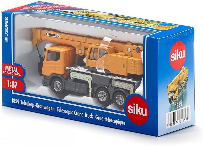 Yellow and gray telescopic crane truck model with crane boom and hook details