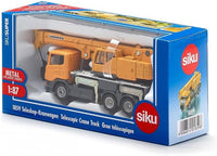Yellow and gray telescopic crane truck model with crane boom and hook details