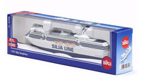Cruise ship model with blue and white hull and "Silja Line" lettering