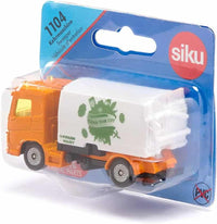 Siku toy street sweeper truck with orange cab and white waste container