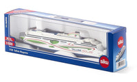 Die-cast cruise ship model in retail box, white and blue with green accents