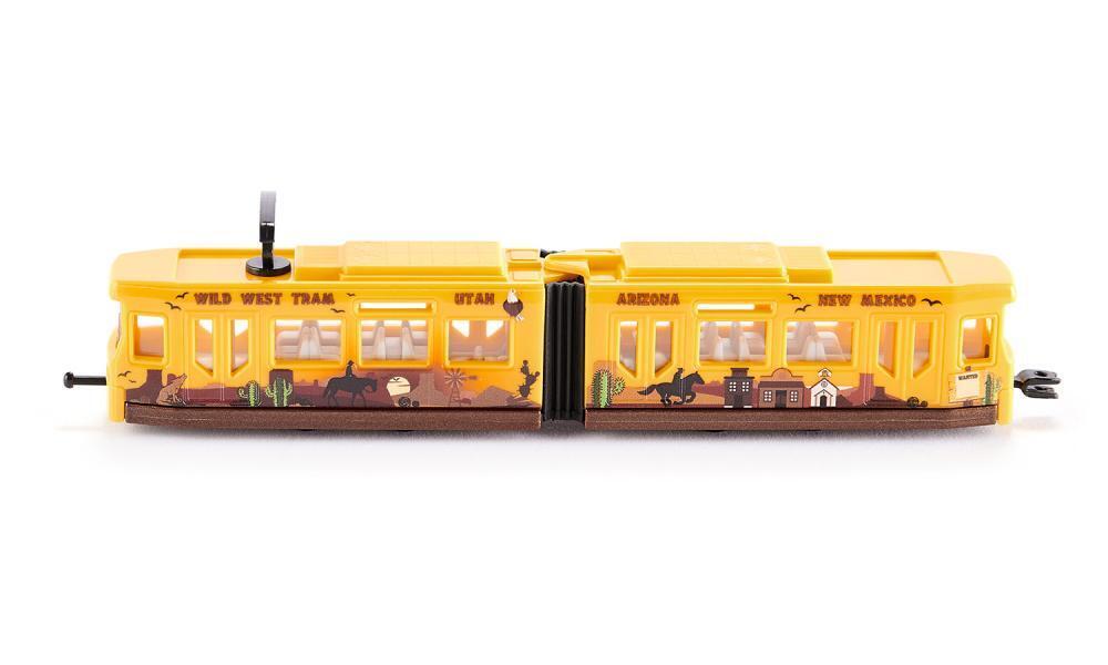 Yellow toy tram with open front windows and printed Wild West design along the side