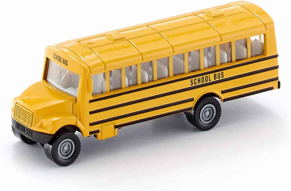 Yellow school bus toy with black stripes and row of windows