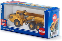 Yellow Volvo dumper truck toy with raised dump bed, 1:87 scale