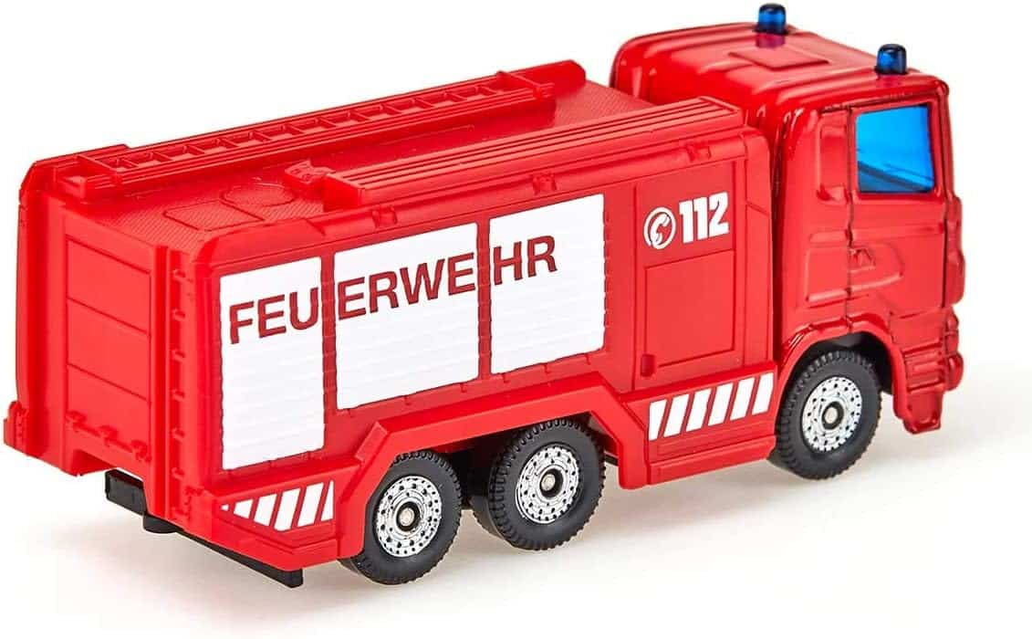 Red Siku fire water cannon truck toy with 'FEUERWEHR HR' cab markings