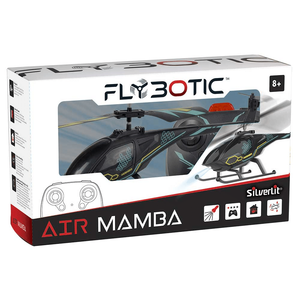 RC helicopter retail box with black and teal helicopter image and red accents