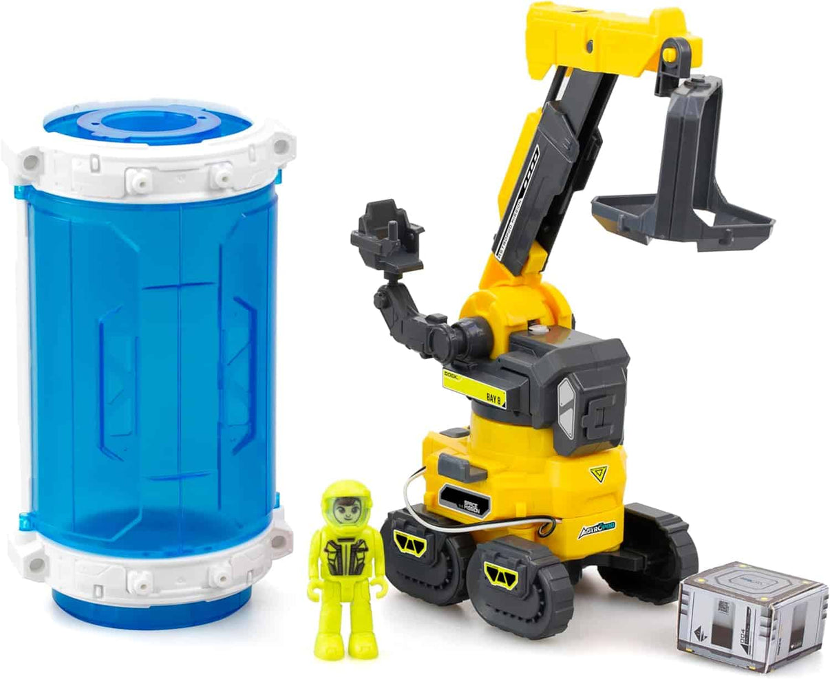 Yellow and gray astro loader toy with blue canister, astronaut figure, and accessory box