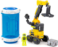 Yellow and gray astro loader toy with blue canister, astronaut figure, and accessory box
