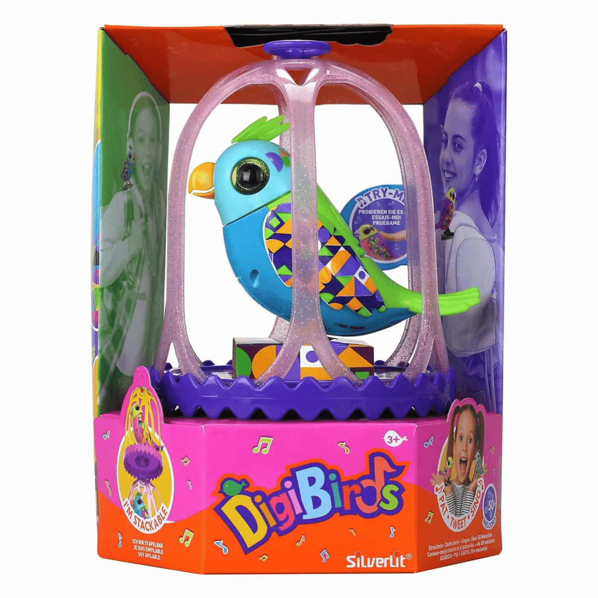 Bird cage toy with purple arched frame and colorful blue bird