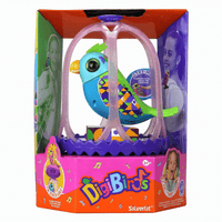 Bird cage toy with purple arched frame and colorful blue bird
