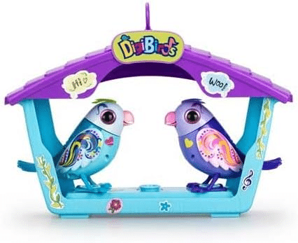 Toy bird playset with two colorful birds and purple-blue house roof, front view