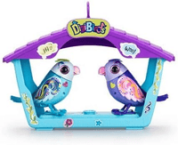 Toy bird playset with two colorful birds and purple-blue house roof, front view