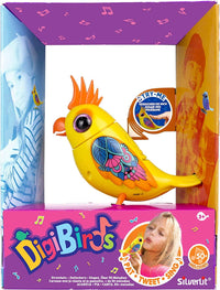 Retail box toy bird with yellow body, orange crest, and colorful butterfly wing decal