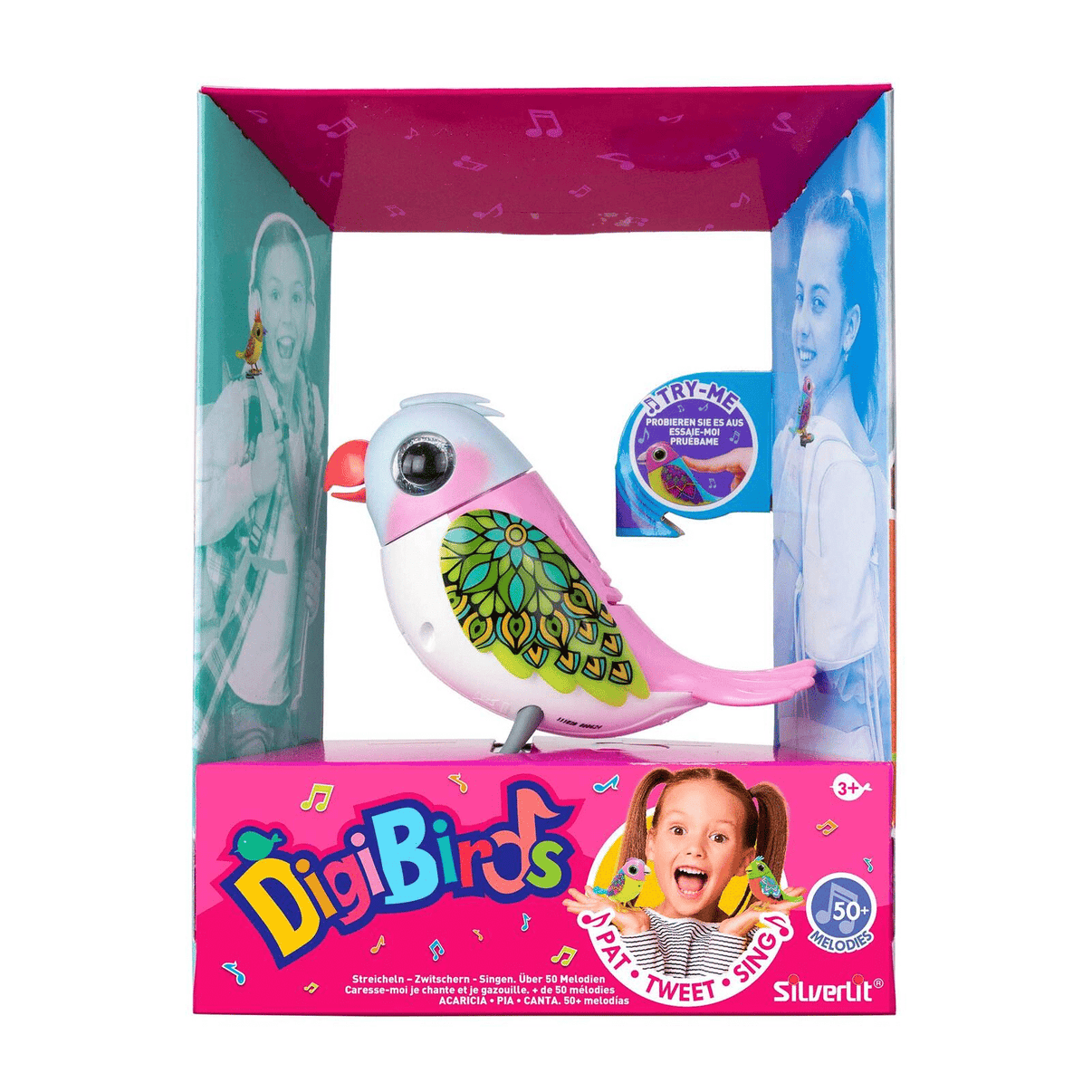 Pink and white Digibird toy bird in retail box packaging