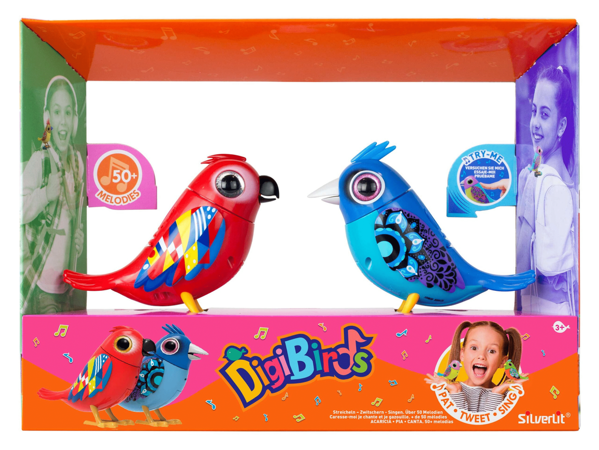 Digital toy birds twin pack box showing red and blue animated birds