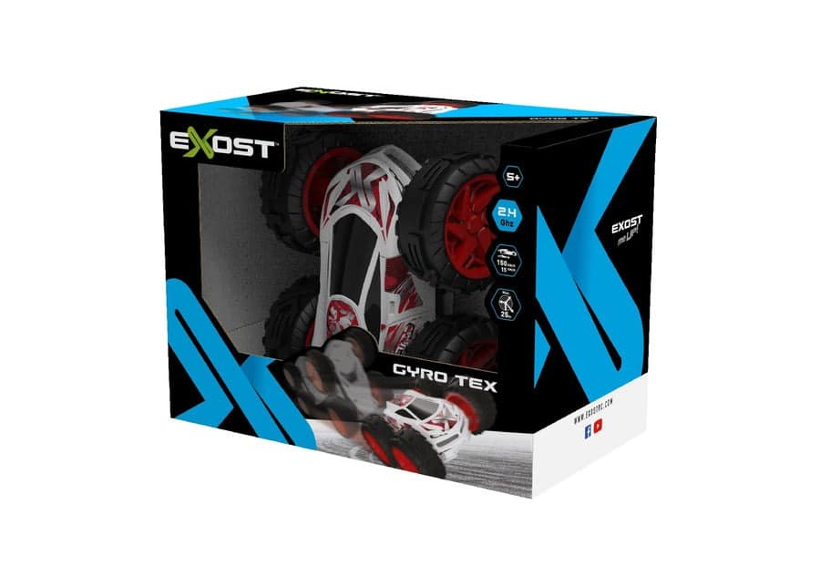 RC car toy in retail box with white and red race graphics and black tires