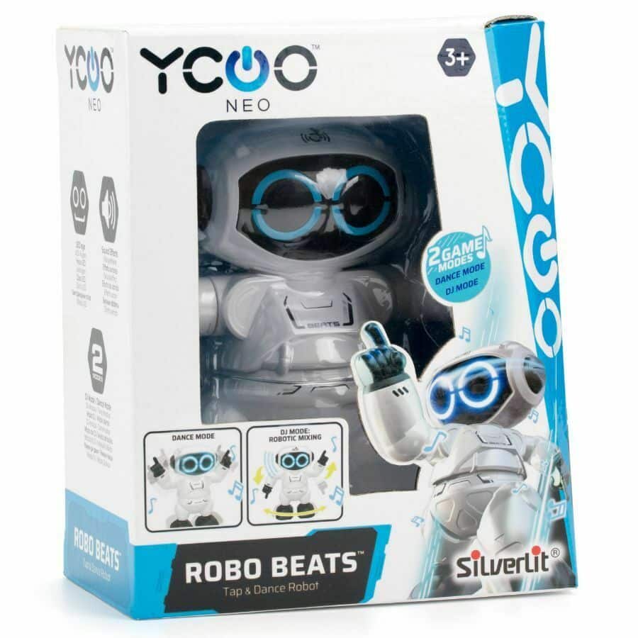 Robo Beats toy robot in retail box, white body with blue glowing eyes, 3+ age mark