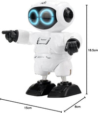 White tap-and-dance robot toy with blue LED eyes and black feet, side view