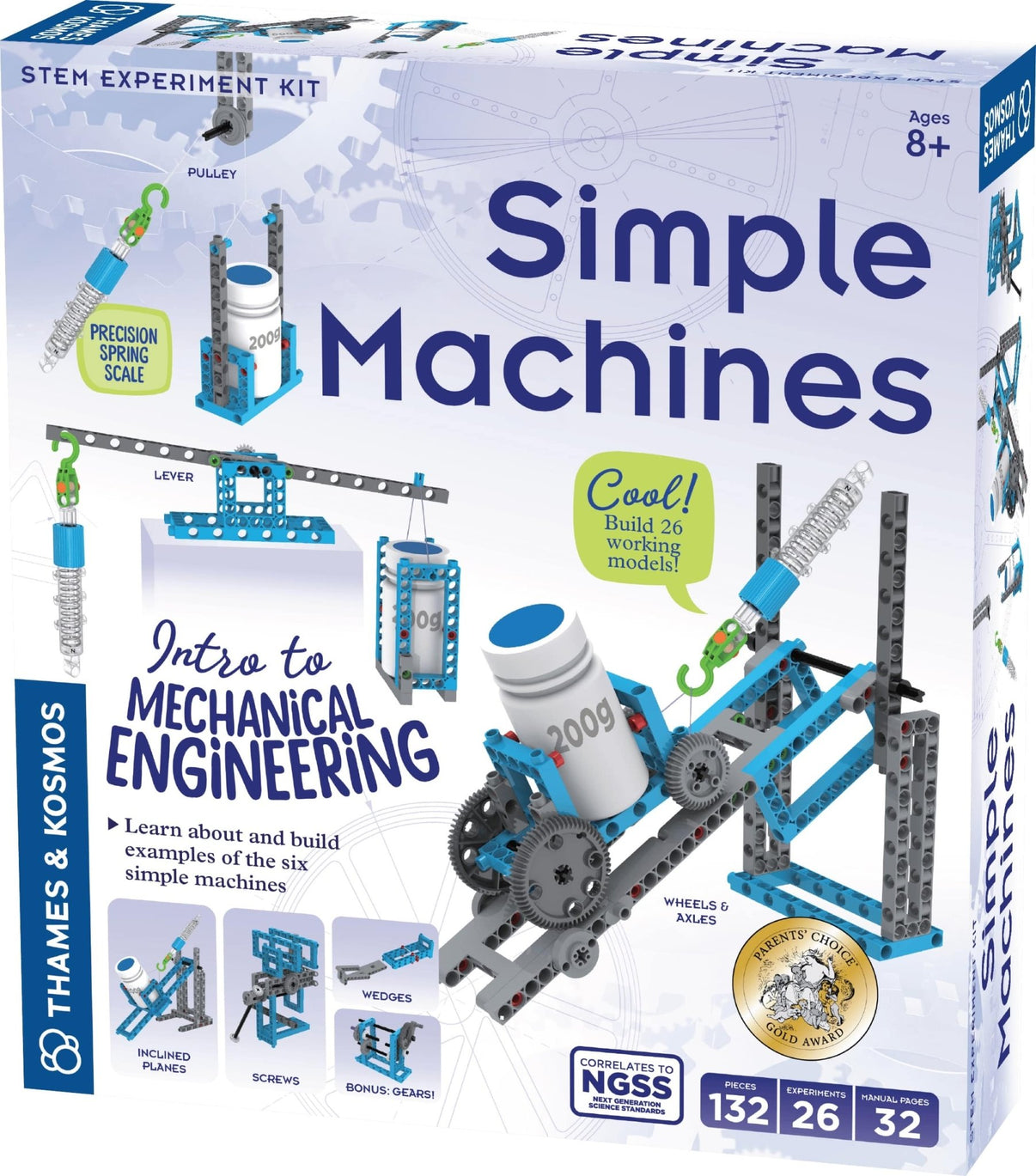 STEM experiment kit box for Simple Machines science models, blue and white packaging