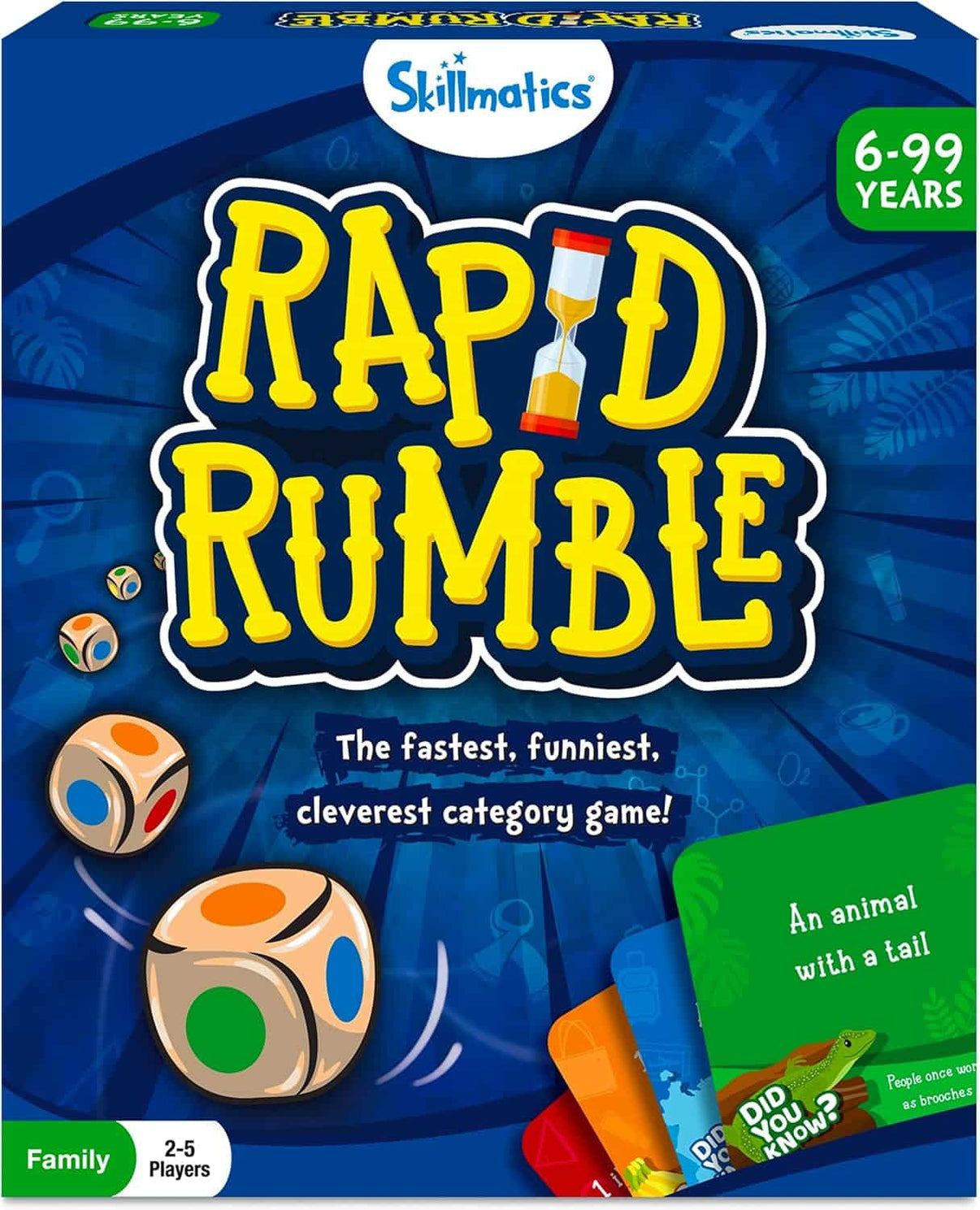 Skillmatics Rapid Rumble board game box with colorful title and illustrated die