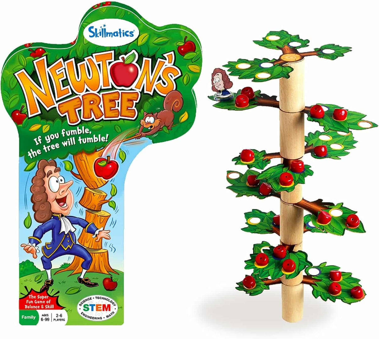 Newton's Tree balancing game set with wooden tree trunk and apple tokens