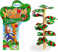 Newton's Tree balancing game set with wooden tree trunk and apple tokens
