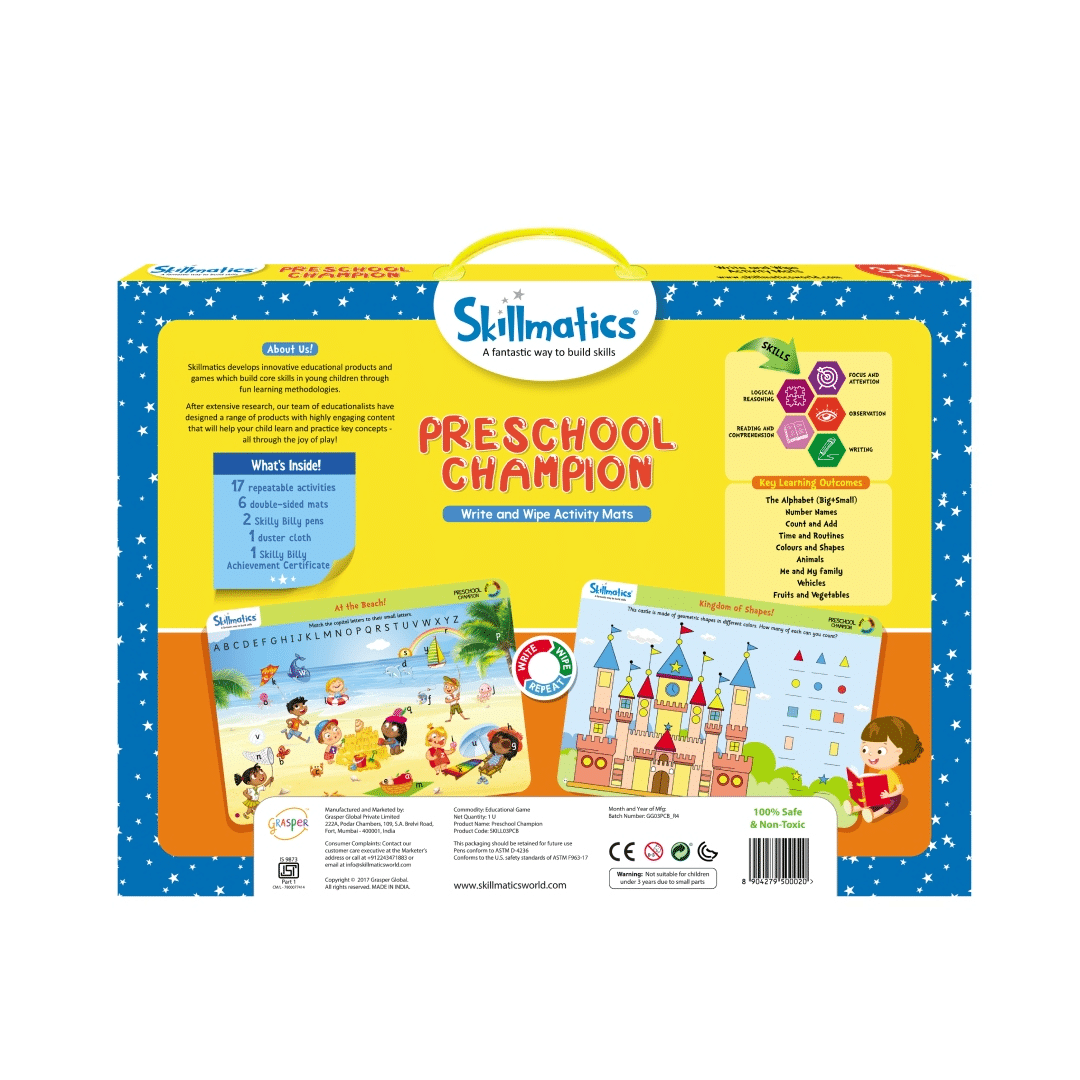 Preschool Champion write-and-wipe activity mat set box with play scenes and instructions
