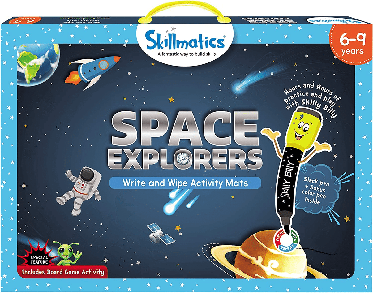 Space Explorers write-and-wipe activity mats box with rocket, planets, and character