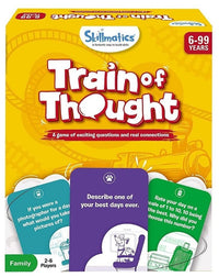 Skillmatics Train of Thought card game box, ages 6–99, with question card graphics