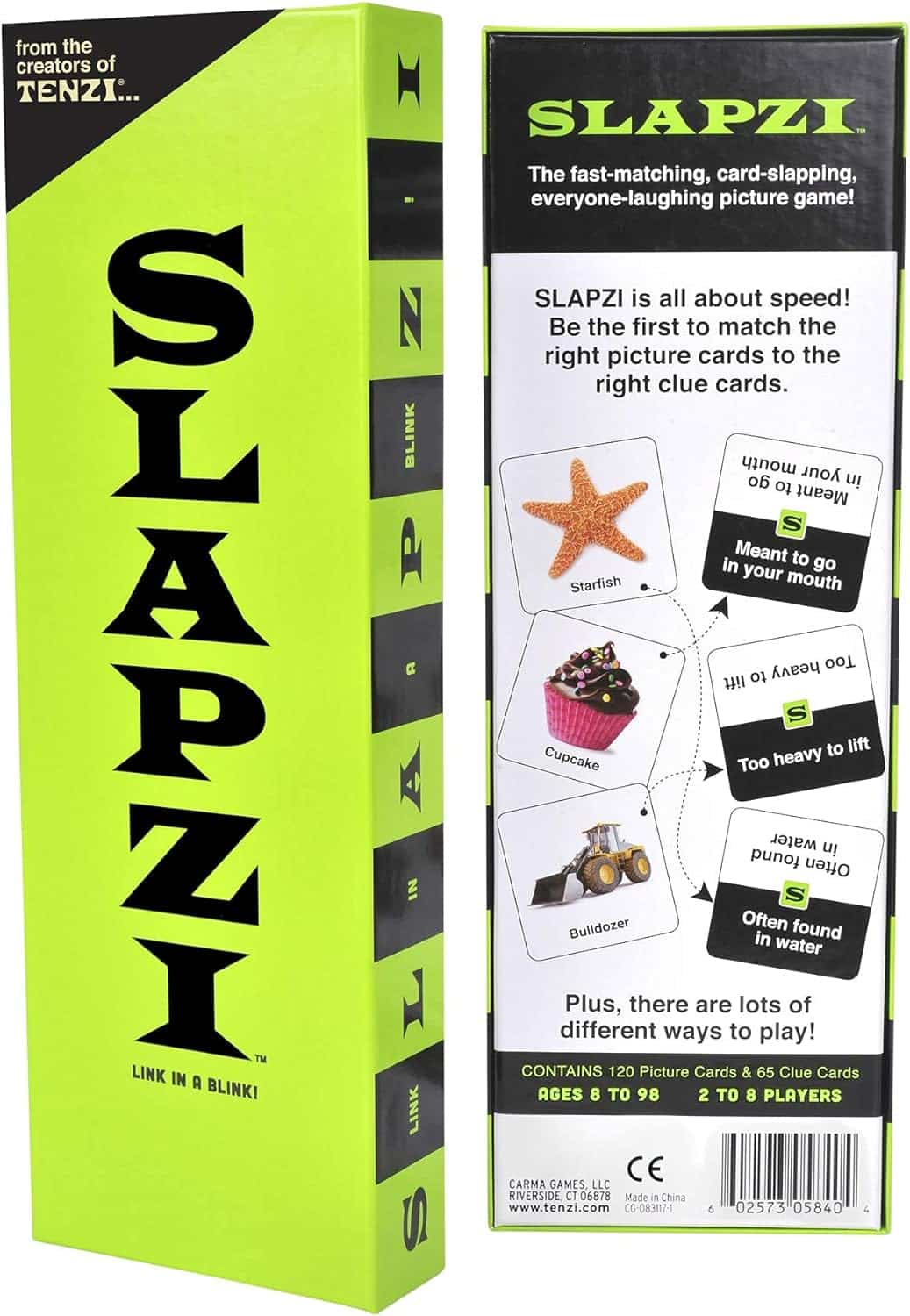 Card game box showing instruction panel and sample cards with star and cupcake