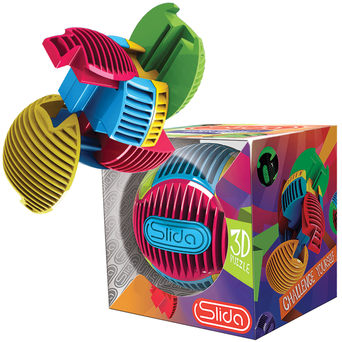 Slida puzzle brain teaser: colorful interlocking plastic disk ball with box