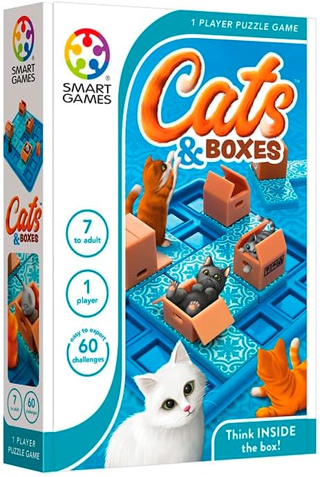 Cats & Boxes 1-player puzzle game package with cats and blue board artwork