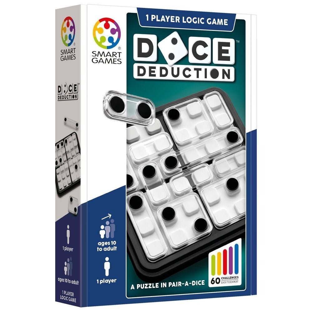 Logic dice deduction puzzle game box with white and black dice grid tray