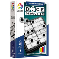 Logic dice deduction puzzle game box with white and black dice grid tray