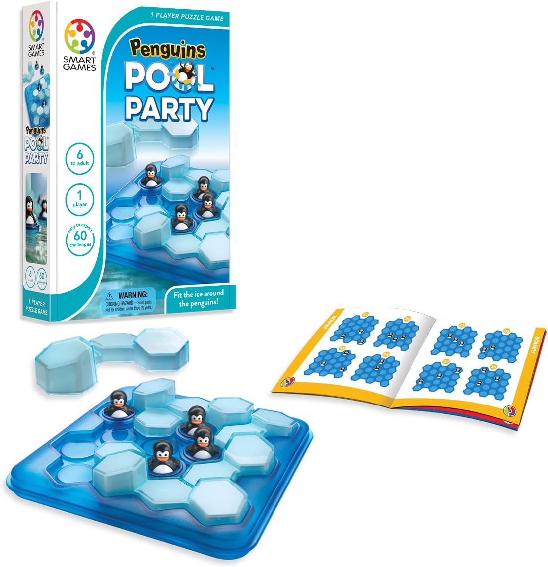 Penguins Pool Party 1-player puzzle game box with hex board and penguin pieces